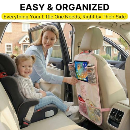 Backseat Car Organizer for Kids, Car Seat Organizer with 11” Touch Screen Tablet Holder, Rear Seat Storage Bag with Drink Pockets, Anti-Kick Seat Back Protector for Travel (Pink Rabbit)