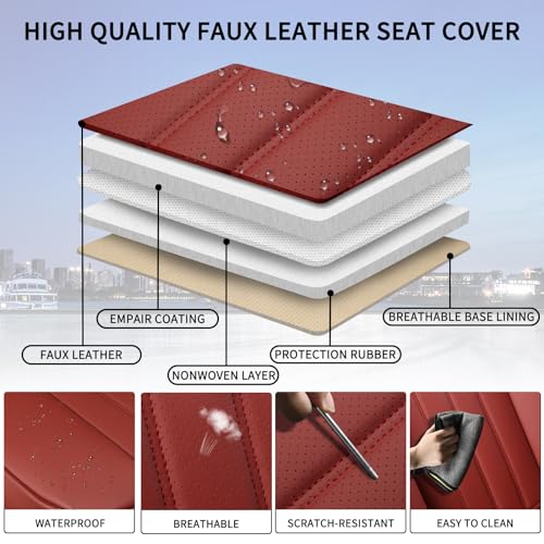 Red Car Seat Covers Full Set, Universal Leather Seat Cover for Cars 5 Seats, Waterproof and Breathable Automotive Seat Cover Front and Rear Seat Covers for Most Trucks, Sedans, SUVs