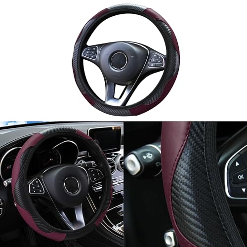 Car Steering Wheel Cover, 15 inch Carbon Fiber Microfiber PU Leather Elastic Steering Wheel Protector for Men Women, Anti-Slip Breathable Car Interior Accessories for Most Cars (Wine Red) - color: Wine Red