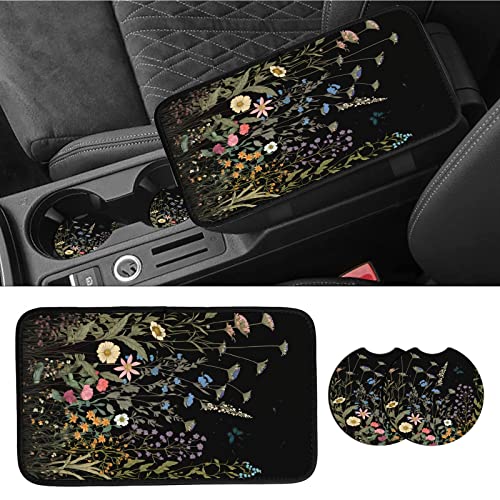 Car Armrest Cover Pads Universal Fashion Cute Auto Center Console Armrest Cover Pad with 2PCS Car Coasters Soft Waterproof Car Armrest Seat Protector for Women Girls, Wildflowers