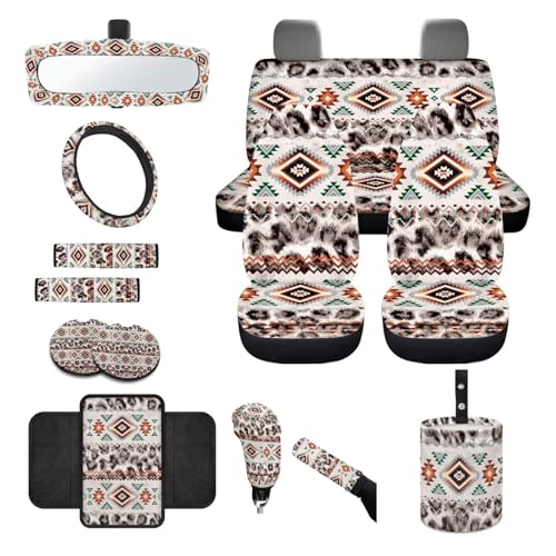 Wanyint 14 Pack Car Accessories, Universal Auto Seat Protector Steering Wheel Seatbelt Strap Pad Trash Can Armrest Pad Cup Holders Rearview Mirror Handbrake Cover Set, Aztec Navajo Leopard Print - color: Aztec Navajo Leopard Print