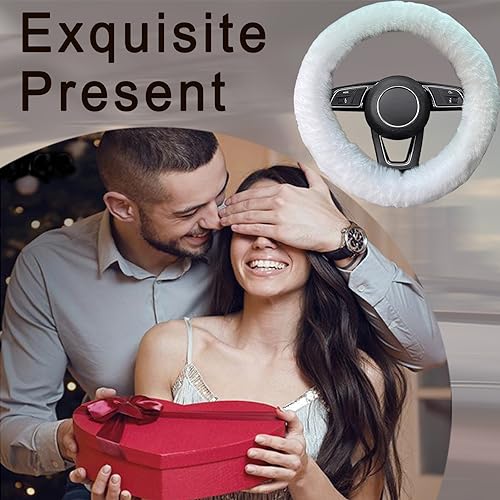 Fluffy Steering Wheel Cover for Women/Girls/Ladies Fuzzy Steering Wheel Cover Winter Warm Faux Wool Plush Car Wheel Cover Furry Steering Wheel Protector Universal Fit 15 Inch (White)