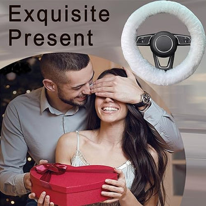 Fluffy Steering Wheel Cover for Women/Girls/Ladies Fuzzy Steering Wheel Cover Winter Warm Faux Wool Plush Car Wheel Cover Furry Steering Wheel Protector Universal Fit 15 Inch (White)
