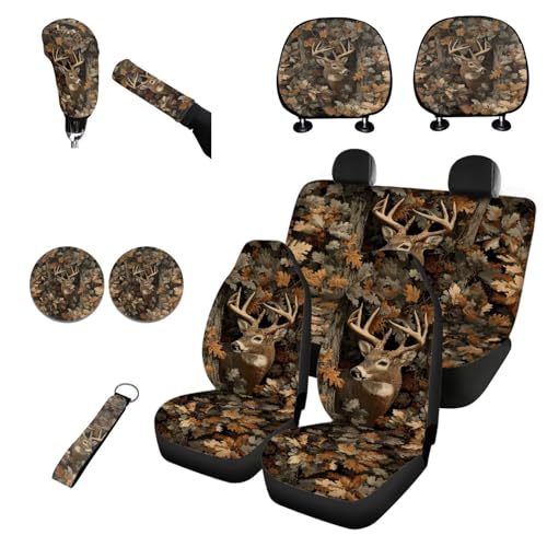 Horeset Hunting Forest Deer Car Seat Cover Set of 11 Pieces, Protection Seat/Lanyard Key Chain/Car Coasters/Headrest Protector/Gearshift Handle Handbrake Cover Accessories Interior - color: Hunting Forest Deer