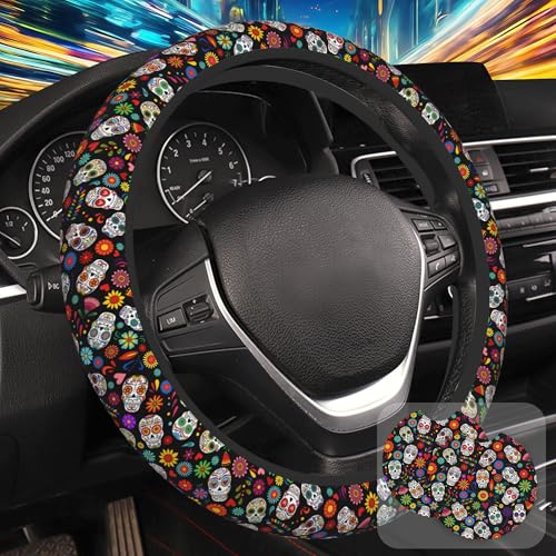 Day of The Dead Sugar Skull Steering Wheel Cover with 2 Pcs Car Coasters Neoprene Steering Wheel Cover for Women Men Anti-Slip Breathable Car Accessories Universal 15 Inch Fit Auto Cars Trucks - color: Day of the Dead Sugar Skull