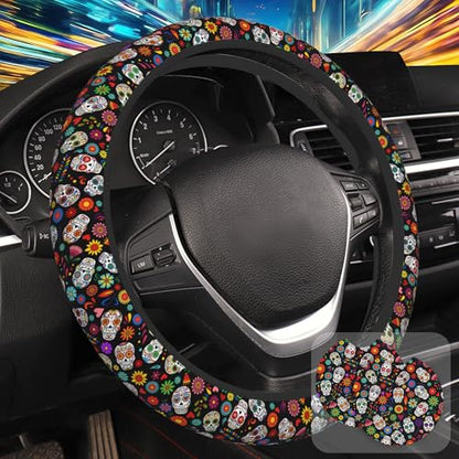 Day of The Dead Sugar Skull Steering Wheel Cover with 2 Pcs Car Coasters Neoprene Steering Wheel Cover for Women Men Anti-Slip Breathable Car Accessories Universal 15 Inch Fit Auto Cars Trucks - color: Day of the Dead Sugar Skull