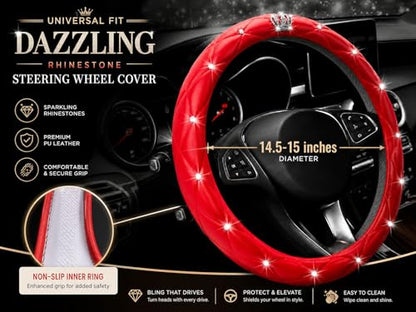 Bling Sparkly Crown Soft Leather Car Steering Wheel Cover for Women Girl,Bling Diamond Crystal Glitter Rhinestones Universal Fit 14.5in-15in Auto Wheel Protector for Suvs,Vans,Sedans,Cars (Crown-Red) - color: Crown-Red