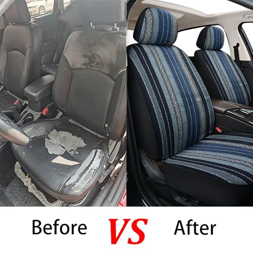 Baja Saddle Blanket Car Seat Covers, Boho Striped Woven Front Seat Protectors, Breathable & Washable Interior Covers, Universal Fit for Most Cars SUVs Trucks, Airbag Compatible, Blue, 8 pcs. - color: BLUE