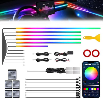 Dreamcolor Acrylic Interior Car LED Strip Light with Wireless APP, Dual Zone RGB 18 in 1 with 175 inches 593 LEDs Fiber Optic Neon Strip Lights for Car, Music Sync Neon Car Ambient Lighting Kits