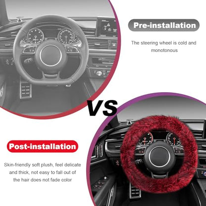 Fluffy Steering Wheel Cover, 15 Inch Anti-Slip Microfiber Plush Fuzzy Steering Wheel Cover, Winter Warm Elastic Fuzzy Steering Wheel Covers for Women and Men, Car Accessories (Red) - color: Red