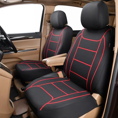 Flying Banner car seat Covers Quality Carbon Fiber Air Mesh Fabric Sport Low High Back Bucket Back Pocket Arm Rest (2 Fronts - Low Bucket - Neoprene, Red Thread)