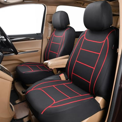 Flying Banner car seat Covers Quality Carbon Fiber Air Mesh Fabric Sport Low High Back Bucket Back Pocket Arm Rest (2 Fronts - Low Bucket - Neoprene, Red Thread)