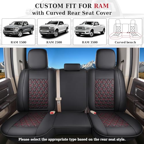 Coverado Dodge Ram Seat Covers Full Set, Waterproof Truck Car Seat Cover Protectors Custom Fit for 2002-2026 Dodge RAM 1500 2500 3500 with Curved Bench(Black&Red line)