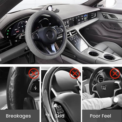 Elastic Stretch Car Steering Wheel Cover, Comfortable Steering Wheel Cover Universal for 14.5-15 Inch, Warm in Winter & Cool in Summer, Anti-Slip Breathable Ice Silk (Gray) - color: Gray