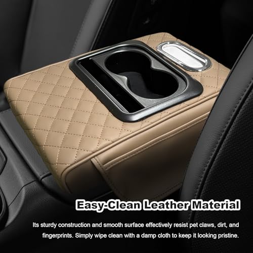 Car Center Console Armrest Pillow, Multifunctional Armrest Box Cover with Cup Phone Tissue Holder & Side Pockets, Waterproof Leather Middle Console Cushion for Most Vehicles (Beige, Embroidered) - color: Beige, size: Embroidered