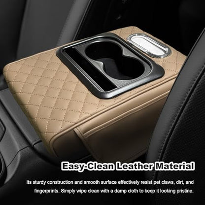 Car Center Console Armrest Pillow, Multifunctional Armrest Box Cover with Cup Phone Tissue Holder & Side Pockets, Waterproof Leather Middle Console Cushion for Most Vehicles (Beige, Embroidered) - color: Beige, size: Embroidered