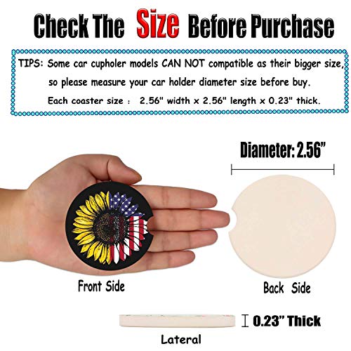Sunflower & USA Flag 2.56" Car Coasters 2-Pack - Absorbent Ceramic Auto Coasters for Cup Holders, Keeps Your Car Clean & Dry - color: Sunflower and Usa Flag