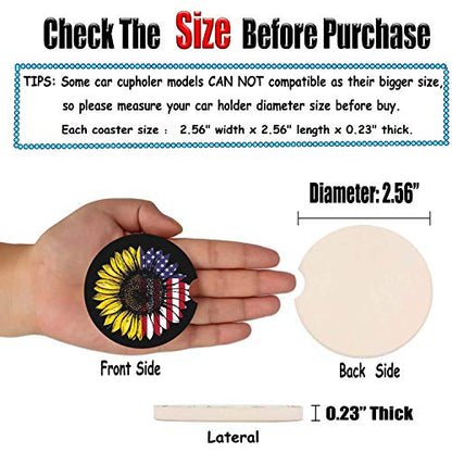 Sunflower & USA Flag 2.56" Car Coasters 2-Pack - Absorbent Ceramic Auto Coasters for Cup Holders, Keeps Your Car Clean & Dry - color: Sunflower and Usa Flag
