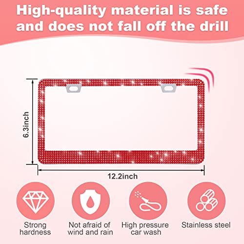 QUANQIUFEI 2 Pack Bling License Plate Frames for Women, Sparkly Rhinestone Diamond Car Accessories with Glitter Crystal Caps (Red) - color: Red