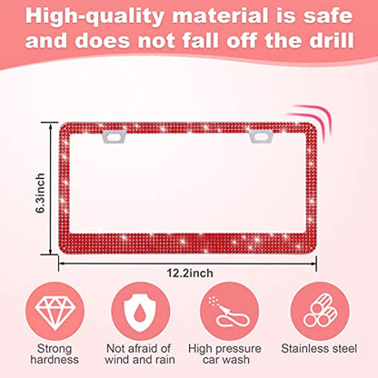 QUANQIUFEI 2 Pack Bling License Plate Frames for Women, Sparkly Rhinestone Diamond Car Accessories with Glitter Crystal Caps (Red) - color: Red