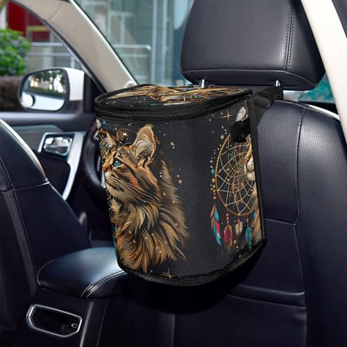 MNSRUU Car Trash Can with Lid, Cute Cat Dream Catcher Car Trash Bag Hanging Organizers and Storage for Front Back Seat, Leak-Proof Trash Bin - color: Cat A9016
