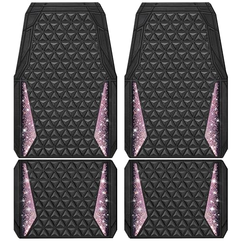 CAR PASS Bling Rubber Car Mats Diamond Floor Mats Full Set Anti-Slip 3D Rhombus Waterproof Universal Trim to Fit Liner Glitter Crystal Sparkly Shining Rhinestone Girl Women SUV Sedan Van, Black Pink - color: Pink Diamond