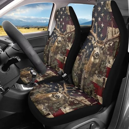 Car Front Seat Cover for Men 2 Pieces Set American Flag Deer Design Print Highly Elastic Automotive Seat Cover Anti Slip Towel Blanket for Trucks Sedans Van Skin-Friendly Soft - color: American Flag Deer Design Print