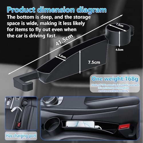 Seat gap filler Compatible with Toyota RAV4.Deeper Than Standard Retail Models(7.5cm)|Added Cup Holder (2 Fixed Points) + Hooks + Charging Cable Port |2pcs Black| Free Window Break Hammer 1pcs|