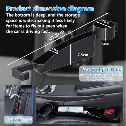 Seat gap filler Compatible with Toyota RAV4.Deeper Than Standard Retail Models(7.5cm)|Added Cup Holder (2 Fixed Points) + Hooks + Charging Cable Port |2pcs Black| Free Window Break Hammer 1pcs|