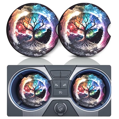 2PCS Colorful Tree of Life Car Cup Holder Coasters, Cars Coasters for Cup Holders, Anti Slip Rubber Mat with Finger Slot, Boho Car Accessories Interior Decor, Tree of Life Themed Gifts Animal Lovers - color: Colorful Tree of Life