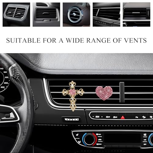 2 PCS Bling Car Vent Clip, Crystal Rhinestone Cross and Heart Car Air Fresheners Vent Clips, Diamond Car Air Conditioner Outlet Decoration Charm for Women, Car Accessories (Pink)
