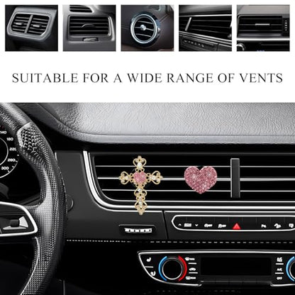 2 PCS Bling Car Vent Clip, Crystal Rhinestone Cross and Heart Car Air Fresheners Vent Clips, Diamond Car Air Conditioner Outlet Decoration Charm for Women, Car Accessories (Pink)