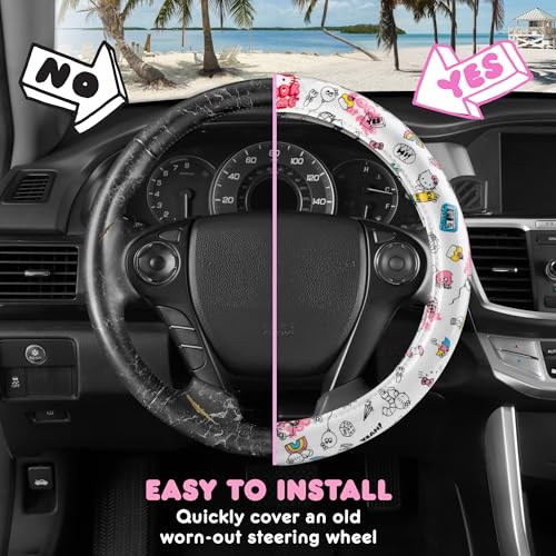 Hello Kitty Steering Wheel Cover, Official Sanrio Car Steering Wheel Cover with Universal Size 14.5-15, Cute White Hello Kitty Car Accessories for Women (Hello Kitty Look at Me) - style: Hello Kitty Look at Me