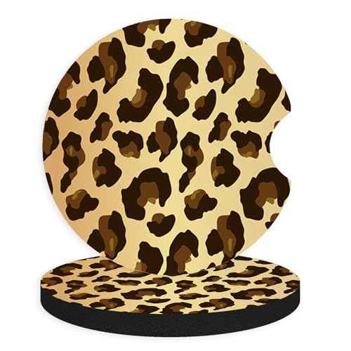 2pcs Cute Leopard Print Car Coasters,Absorbent Universal neoprener Cup Holder Coasters with a Finger Notch,Car Accessories for Women&Man Interior，2.75" 2 - color: Leopard Print 2