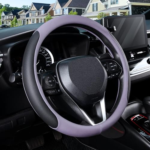 SEG Direct Steering Wheel Cover for 14.5-15 inch Wheels, Breathable PU Leather with Perforated Sides, Anti-Slip Grip, Universal Fit for Cars & SUVs, Black and Light Purple - color: Black & Light Purple, size: O-shaped