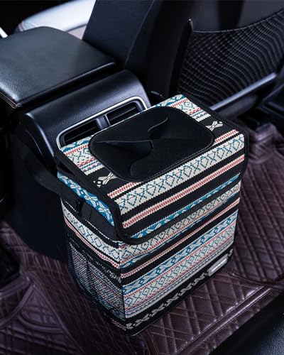 SIBOFUEGO Car Garbage Can Cute - Leak-Proof Car Trash Can with Lid and Storage Pockets, Car Trash Bin for Men and Women, Boho Aztec Essentials: Must-Have Car Interior Accessories (Beige Aztec Motif)