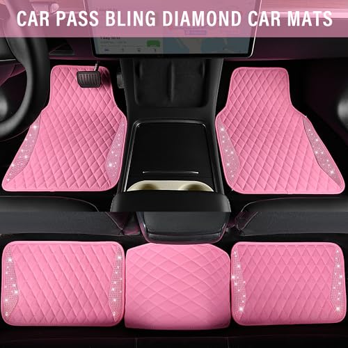 CAR PASS Bling Leather Car Mats Shining Diamond Floor Mats Crystal Rhinestones Sparkly Glitter Carpet Anti-Slip Waterproof Pad Universal Fit for Automotive SUV, Sedan, Van, 5pcs for Girl Women Pink - color: Pink Leather Diamond