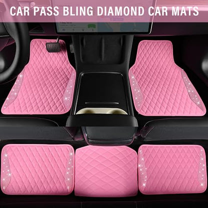 CAR PASS Bling Leather Car Mats Shining Diamond Floor Mats Crystal Rhinestones Sparkly Glitter Carpet Anti-Slip Waterproof Pad Universal Fit for Automotive SUV, Sedan, Van, 5pcs for Girl Women Pink - color: Pink Leather Diamond