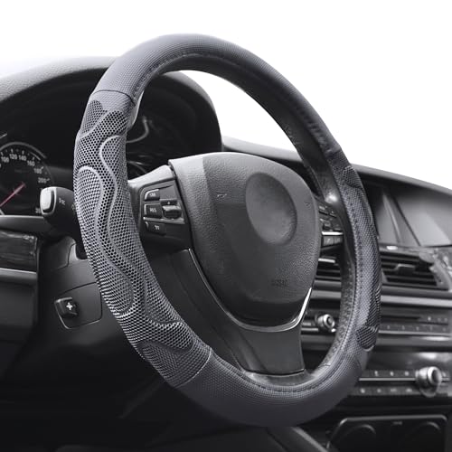 Elantrip Leather Steering Wheel Cover Great Grip with 3D Honeycomb Anti-Slip Design, Universal 14.5-15 Inch Car Wheel Protector Black - color: Black, size: 14 1/2 - 15 inch