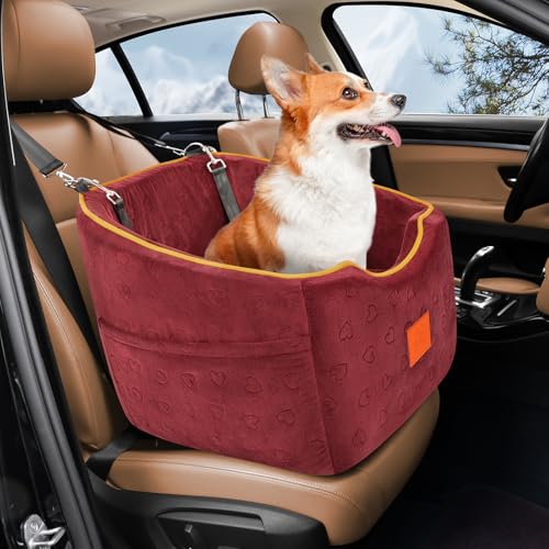XIEEAOZEE Dog Car Seat for Small Dogs, Memory Foam Booster Dog Seat for Dogs up to 35 lbs, Elevated Pet Car Seat, Travel Safety Pet Seat with Washable Removable Cover, Storage Pockets (Red) - color: Red
