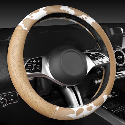 CAR PASS Cow Print Faux Leather Car Seat Covers & Cow Car Mats & Cow Steering Wheel Cover Seat Belt Pads Universal fit for SUV,Van,Saden,Truck Cute Car Accessories Automobile Interior Sets All Beige - color: Cow Print Beige