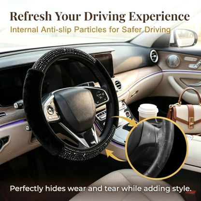 Bling Steering Wheel Cover for Women Girls, Black Rhinestone Diamond Sparkling Fur Fluffy Steering Wheel Accessories Elastic Steering Wheel Covers Winter Warm Universal Fit 14-15 inches - color: Black