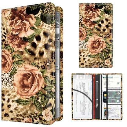 Premium Car Registration and Insurance Card Holder, Cute PU Leather Car Document Holder, Vehicle Glove Box Car Organizer with Magnetic Closure for Driver License, Cards Leopard Roses - color: Cards Leopard Roses