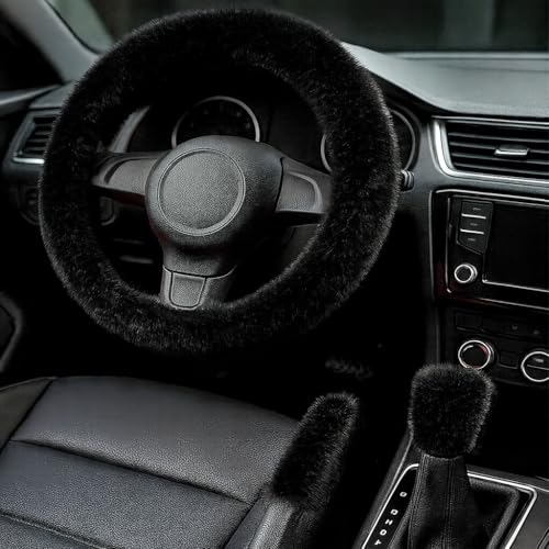 Fluffy Steering Wheel Cover 3PCS Set – Plush Fuzzy Fur Steering Wheel Cover with Gear Shift Cover & Handbrake Cover, Winter Warm Car Accessories, Car Interior Accessories for Women (Black)