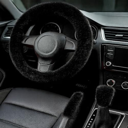 Fluffy Steering Wheel Cover 3PCS Set – Plush Fuzzy Fur Steering Wheel Cover with Gear Shift Cover & Handbrake Cover, Winter Warm Car Accessories, Car Interior Accessories for Women (Black)