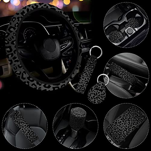 10 Pieces Leopard Print Car Steering Wheel Cover Center Console Armrest Pad Headrest Seat Belt Cover Handbrake Cover Keychain Coaster Full Set Car SUV(Leopard Print) - color: Leopard Print