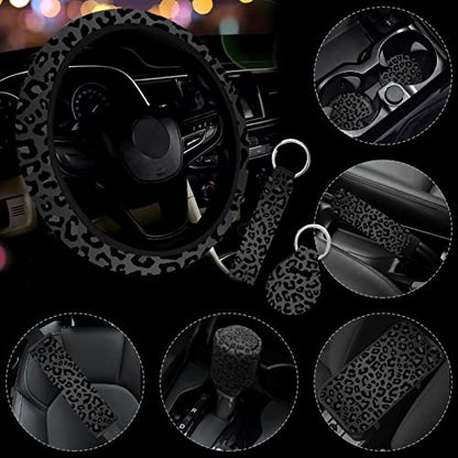 10 Pieces Leopard Print Car Steering Wheel Cover Center Console Armrest Pad Headrest Seat Belt Cover Handbrake Cover Keychain Coaster Full Set Car SUV(Leopard Print) - color: Leopard Print