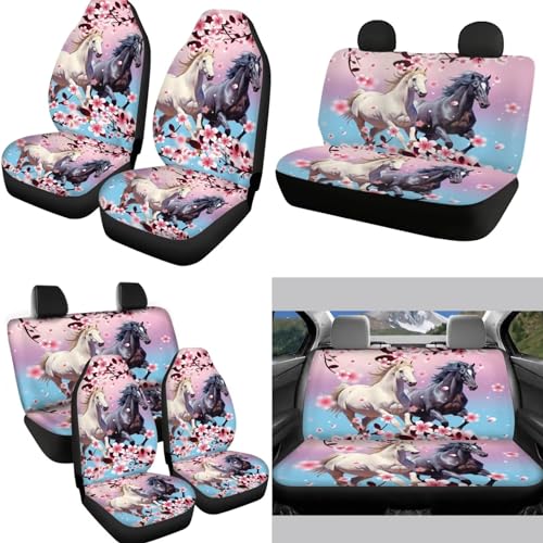 12 Pcs Pink Cherry Blossom Horse Car Seat Covers Full Set,Car Protectors,Universal Fit Front Back Seat Cushion/Seatbelt/Steering Wheel Cover/Anti Slip Coaster/Keychains for Cars SUV Truck