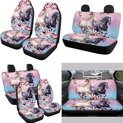 12 Pcs Pink Cherry Blossom Horse Car Seat Covers Full Set,Car Protectors,Universal Fit Front Back Seat Cushion/Seatbelt/Steering Wheel Cover/Anti Slip Coaster/Keychains for Cars SUV Truck
