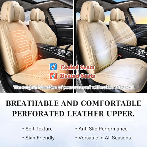 Coverado Universal Seat Covers Front, 2-Pack Universal Seat Covers for Cars, Waterproof Nappa Leather Car Seat Covers with Head Pillow, Auto Protectors Fit for Most Sedans SUV Pick-up Truck-Beige
